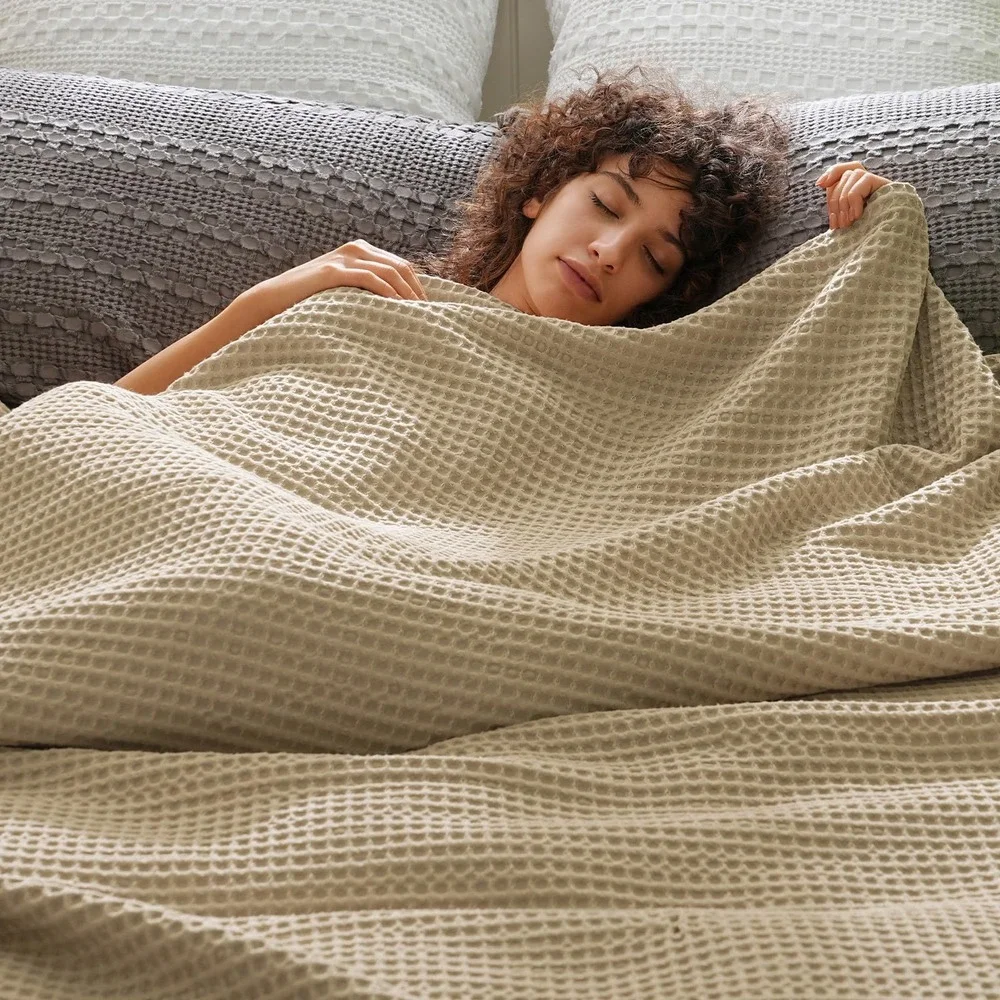 PHF Waffle Weave Blanket Queen 90x90 Khaki Ultra Soft Breathable Cotton Bedding